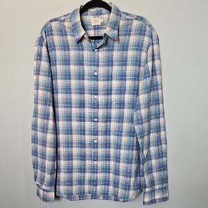 Faherty Men's Blue and White Plaid Button Down Long Sleeve Cotton Shirt Large